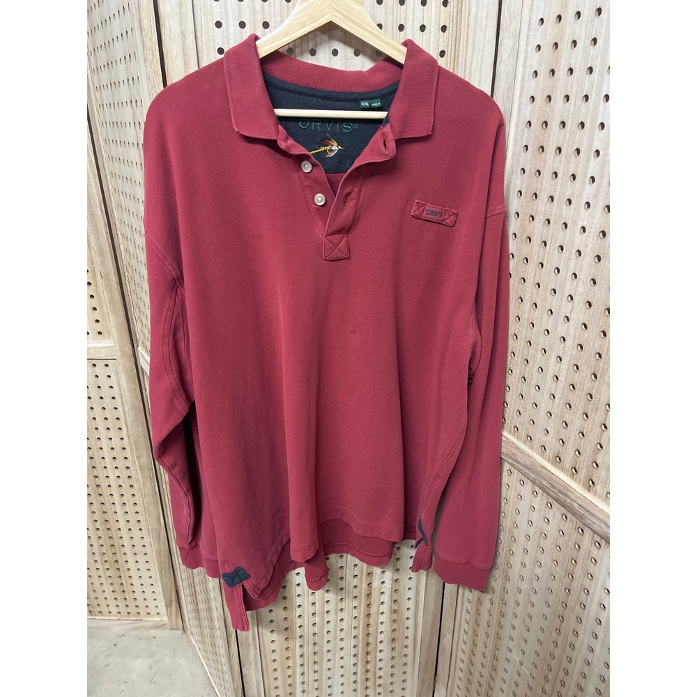 Orvis Mens XXL Red Long Sleeve Polo Shirt Pique Cotton Fly Fishing Lure Logo